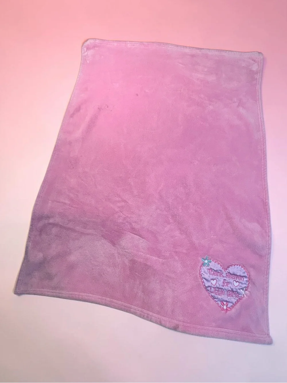 Vtg Pink Baby Blanket with Satin Patch - Thank Heaven for Little Girls